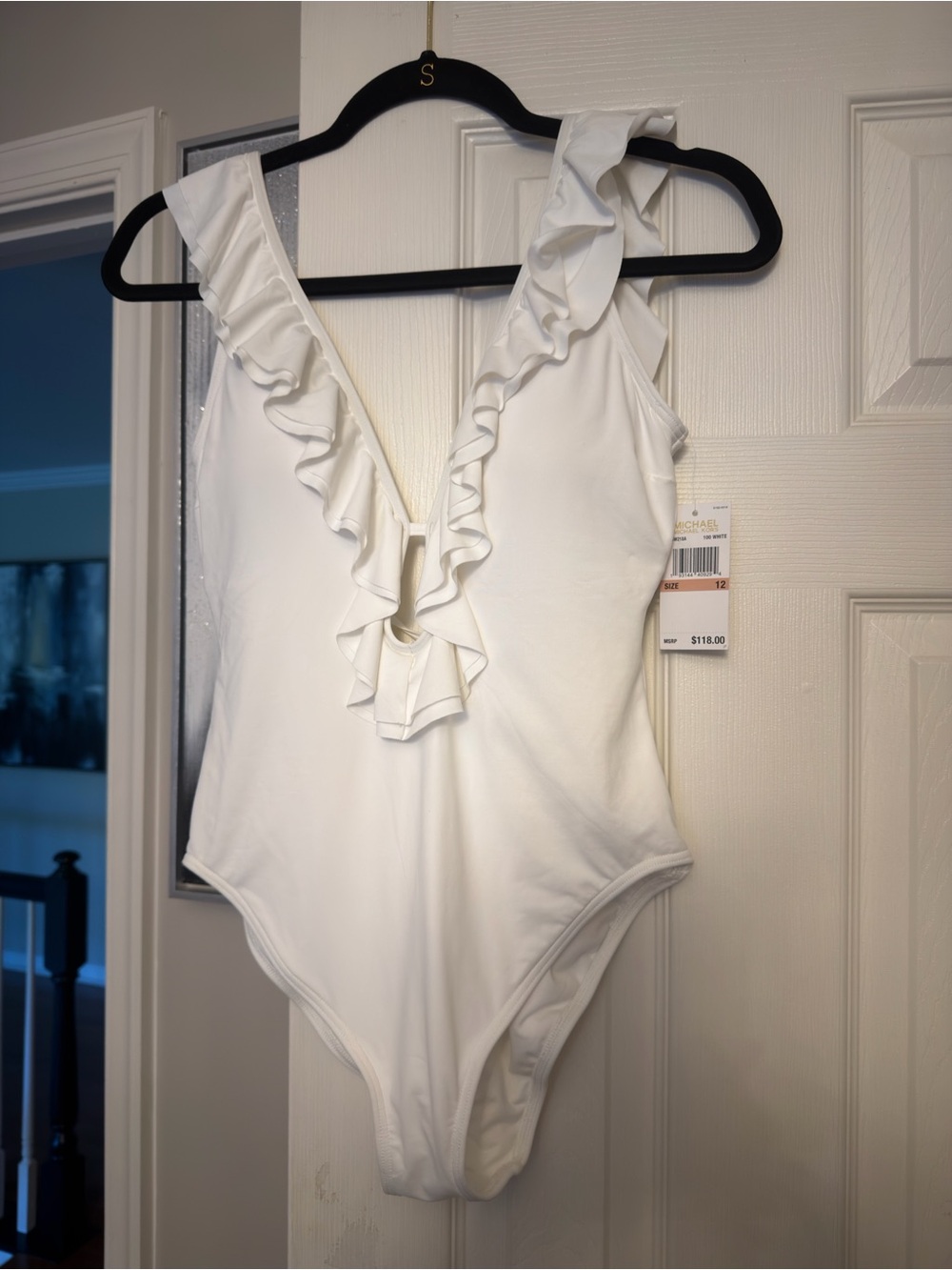 Michael Kors White Ruffle V-Neck One-Piece Swim Bodysuit